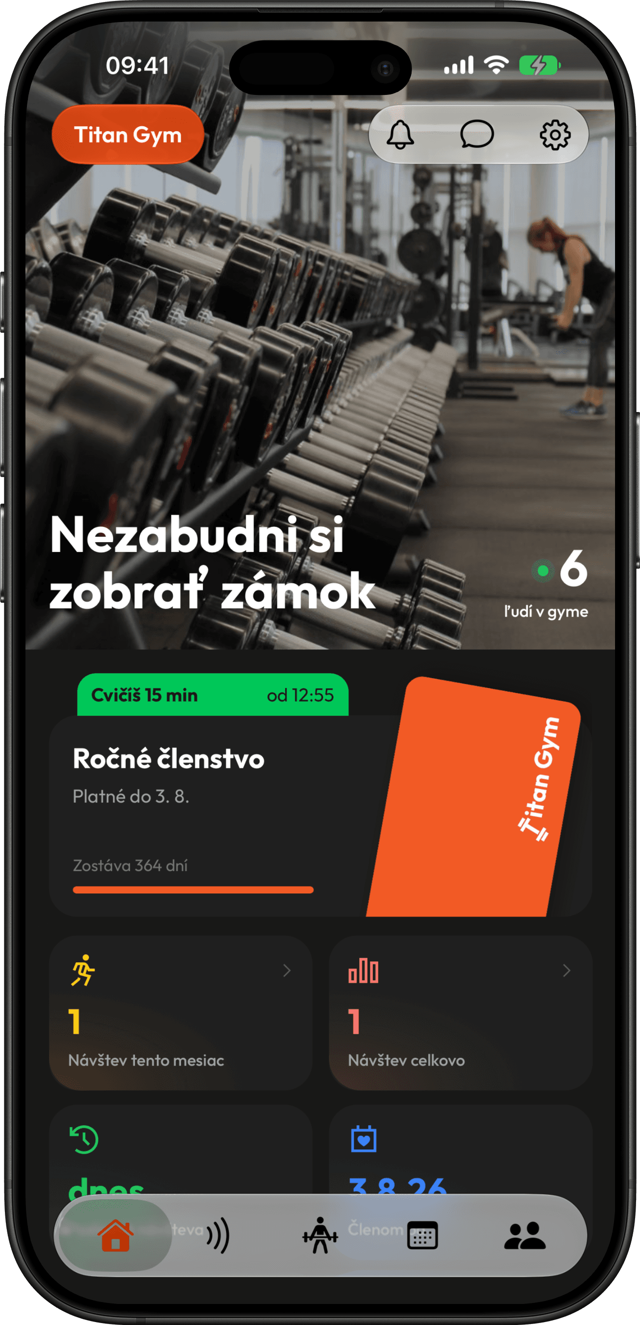 Členská aplikace RepUp — úvodní obrazovka s permanentkou, počtem lidí v hale a návštěvami