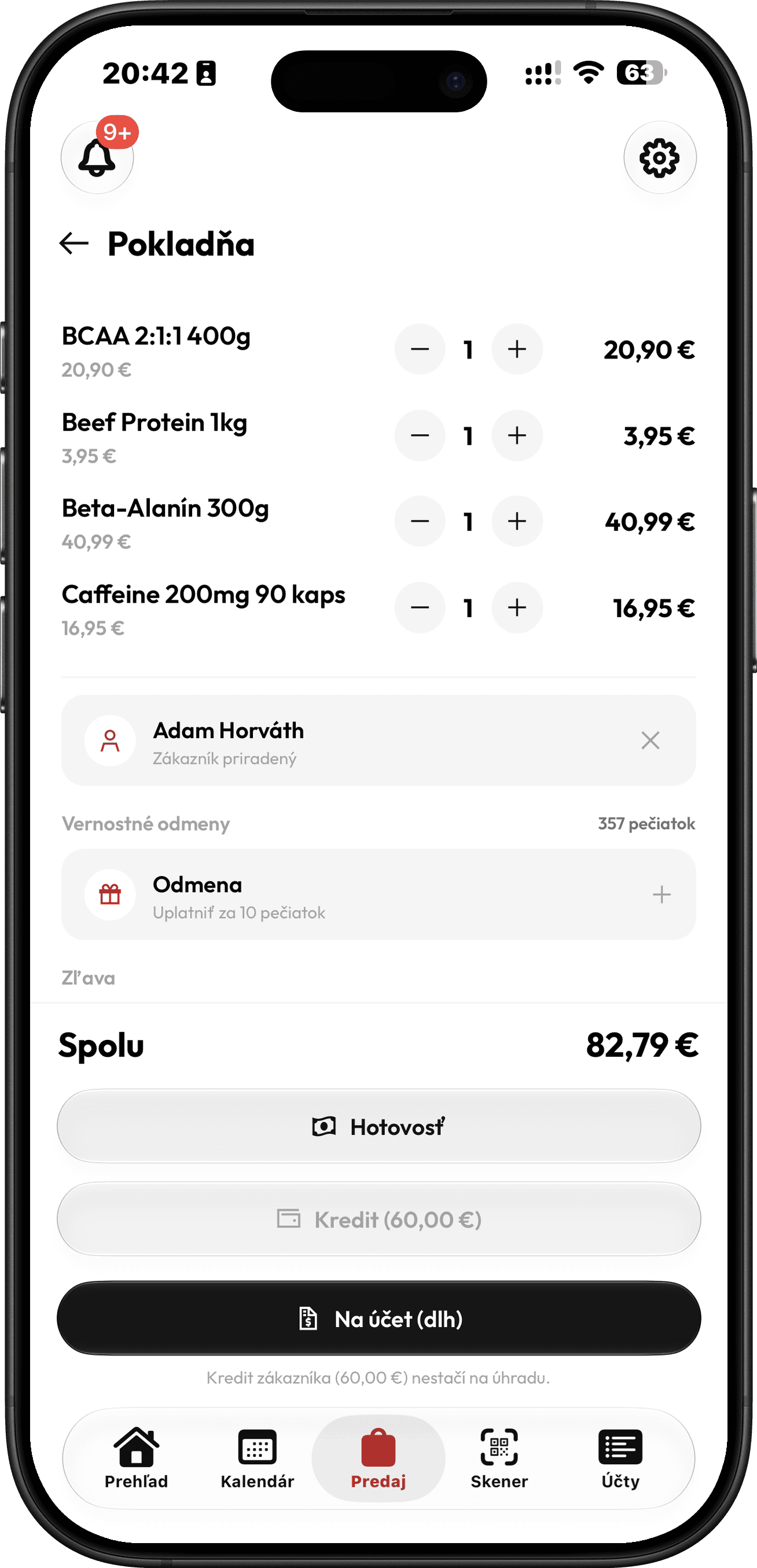 RepUp POS na telefonu — košík se zbožím a platba hotovostí, kreditem nebo na účet
