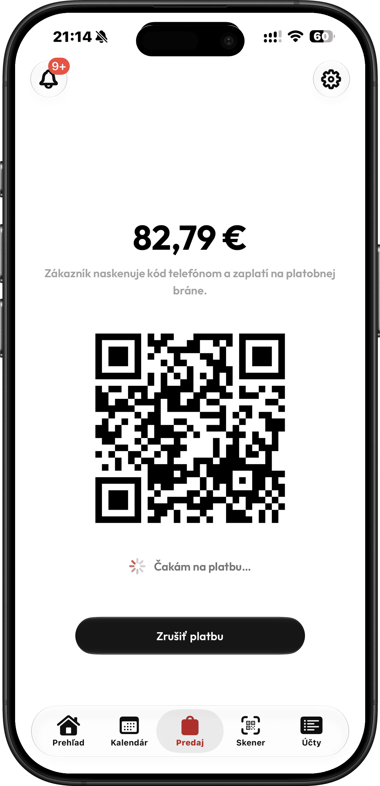 RepUp POS — QR kód na zaplacení 82,79 € a hlášení Čekám na platbu