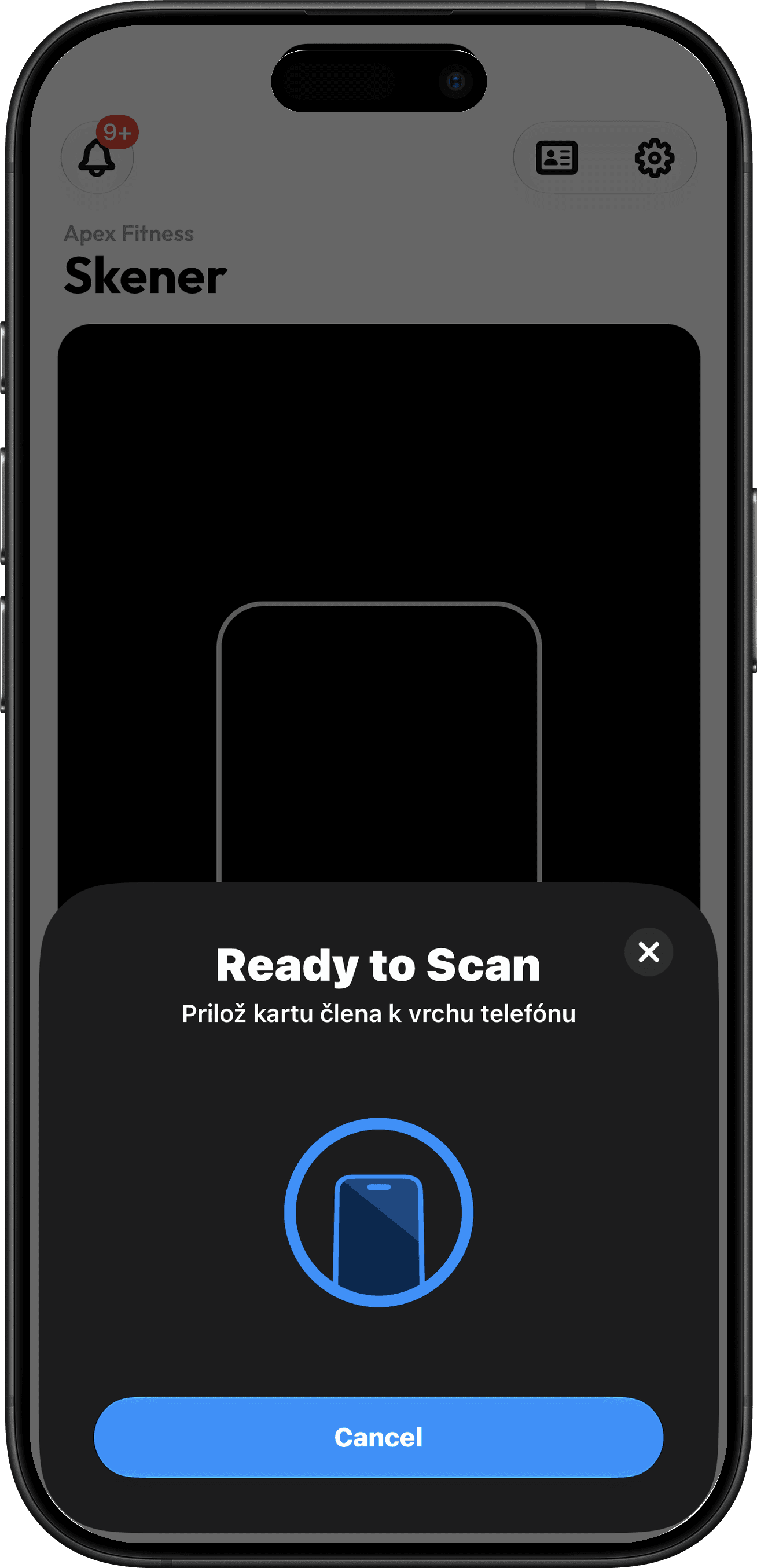 RepUp POS — Skener čeká na přiložení členské karty k telefonu