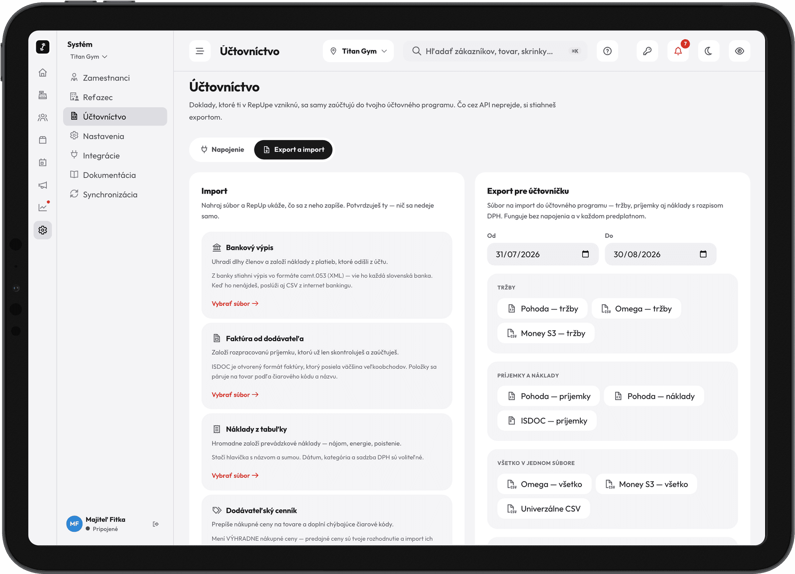 Účetnictví v panelu RepUp — export tržeb do Pohody a Money S3 vedle importu bankovního výpisu
