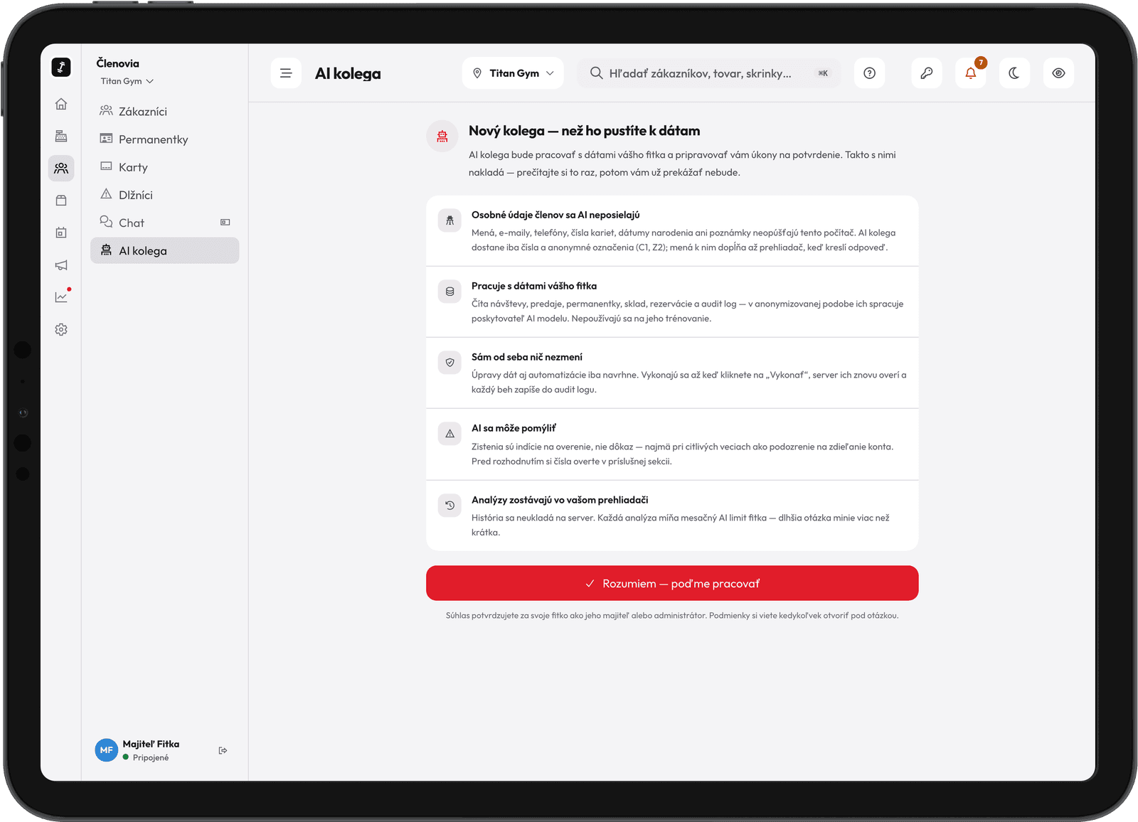AI kolega v panelu RepUp — okno před první otázkou: osobní údaje členů se AI neposílají a sám od sebe nic nezmění