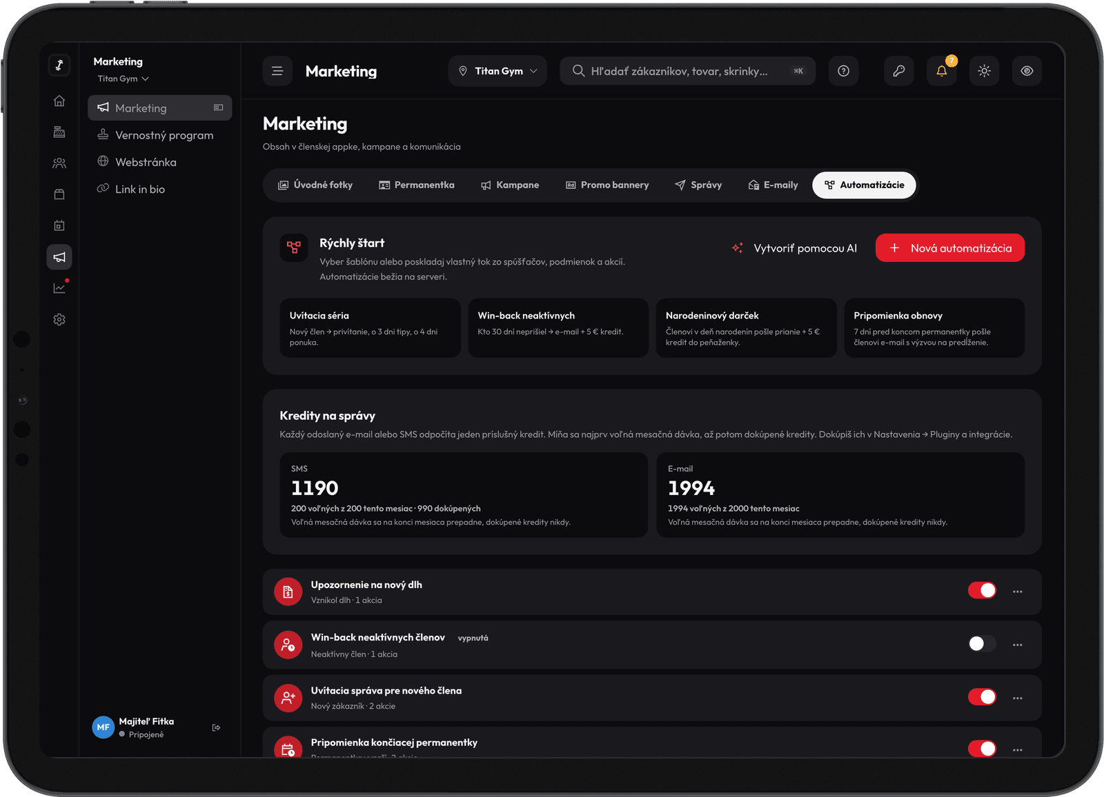 Automatizace v panelu RepUp — seznam běžících toků a šablony ke spuštění