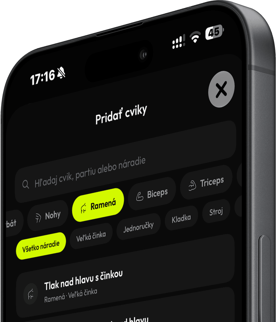 RepUp Trainer — výběr cviků do tréninkového plánu s filtrem podle partie a nářadí