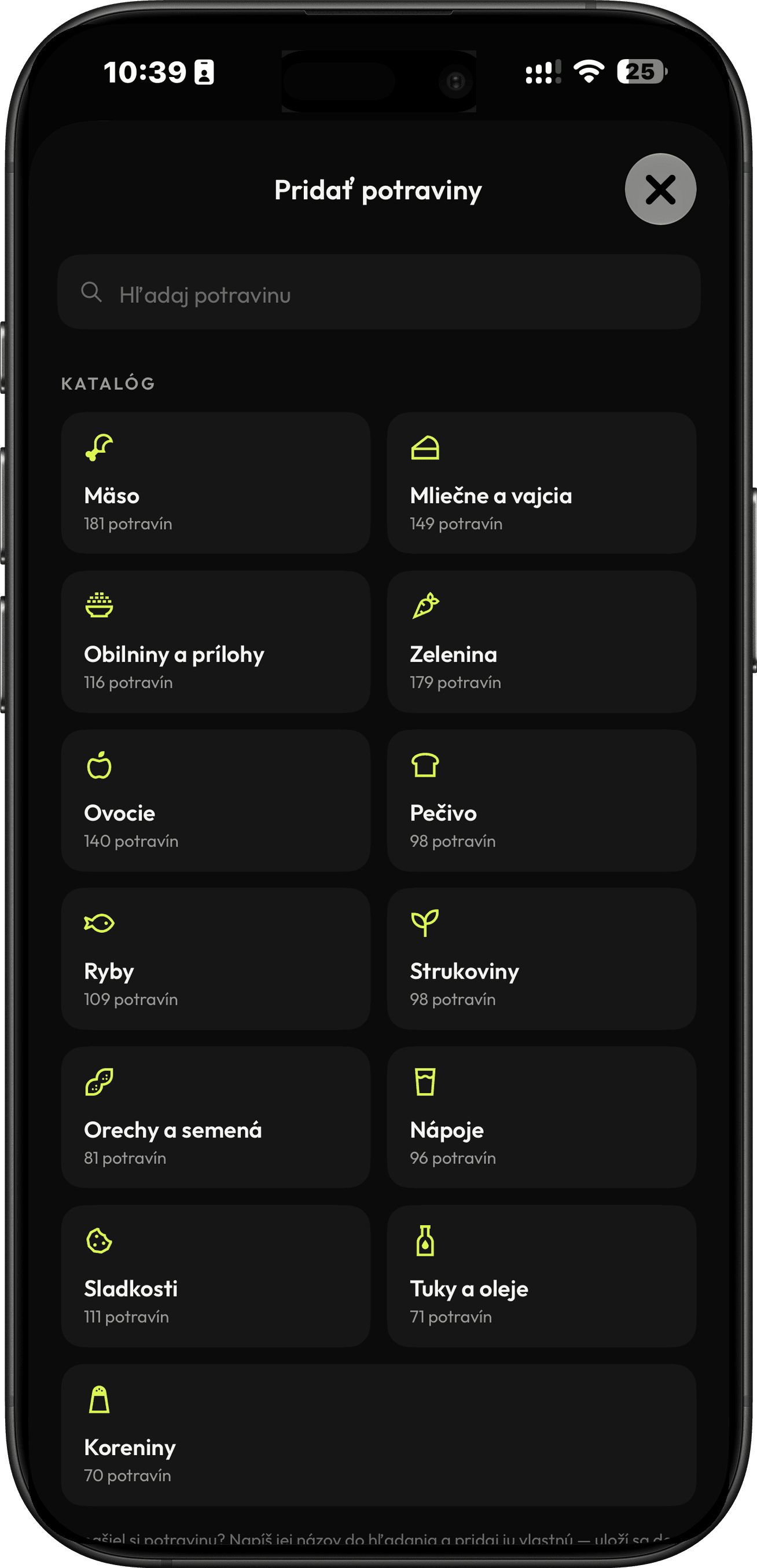 RepUp Trainer — výběr potravin do jídelníčku z katalogu po skupinách