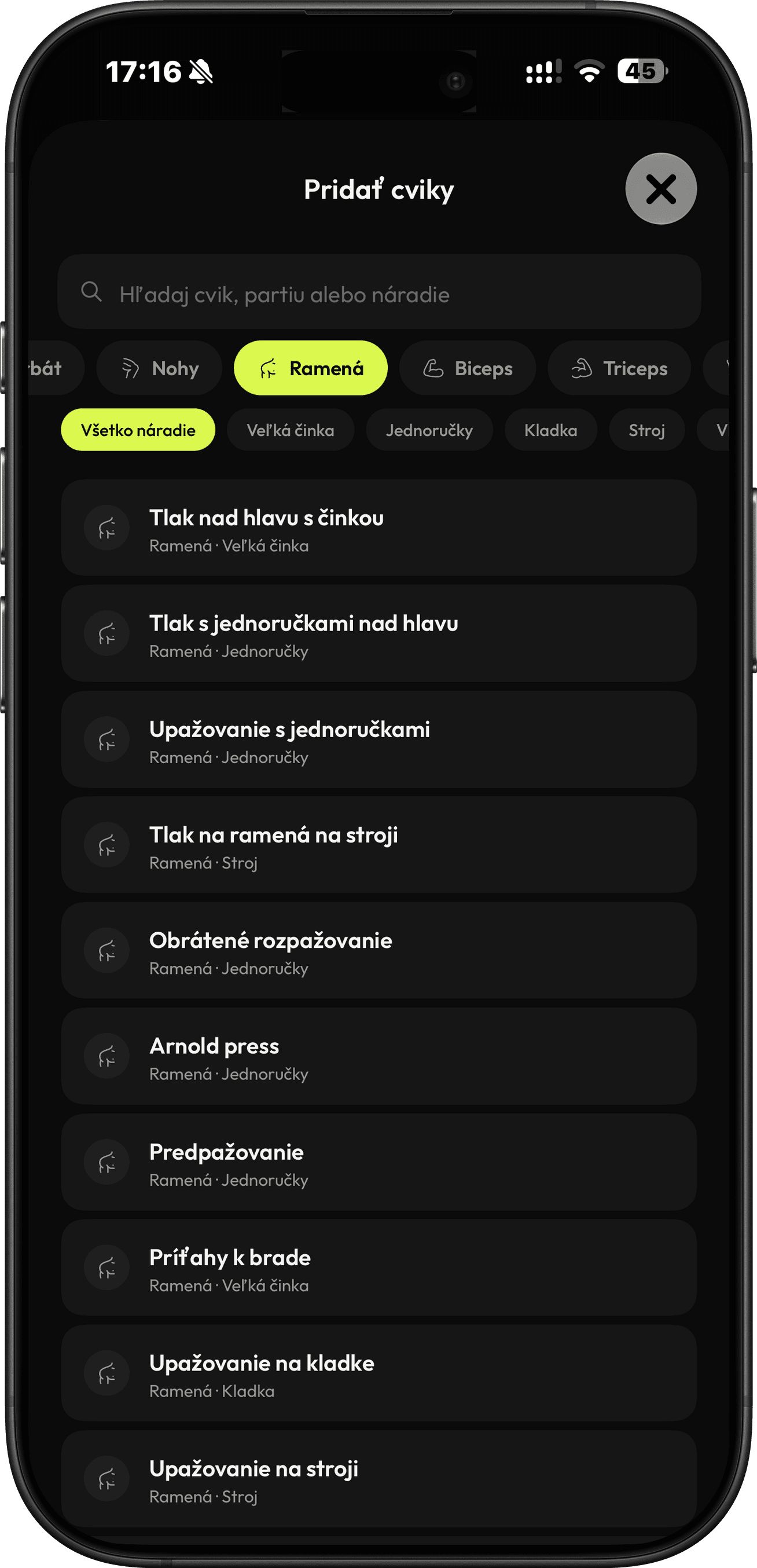 RepUp Trainer — výběr cviků do plánu podle partie a nářadí