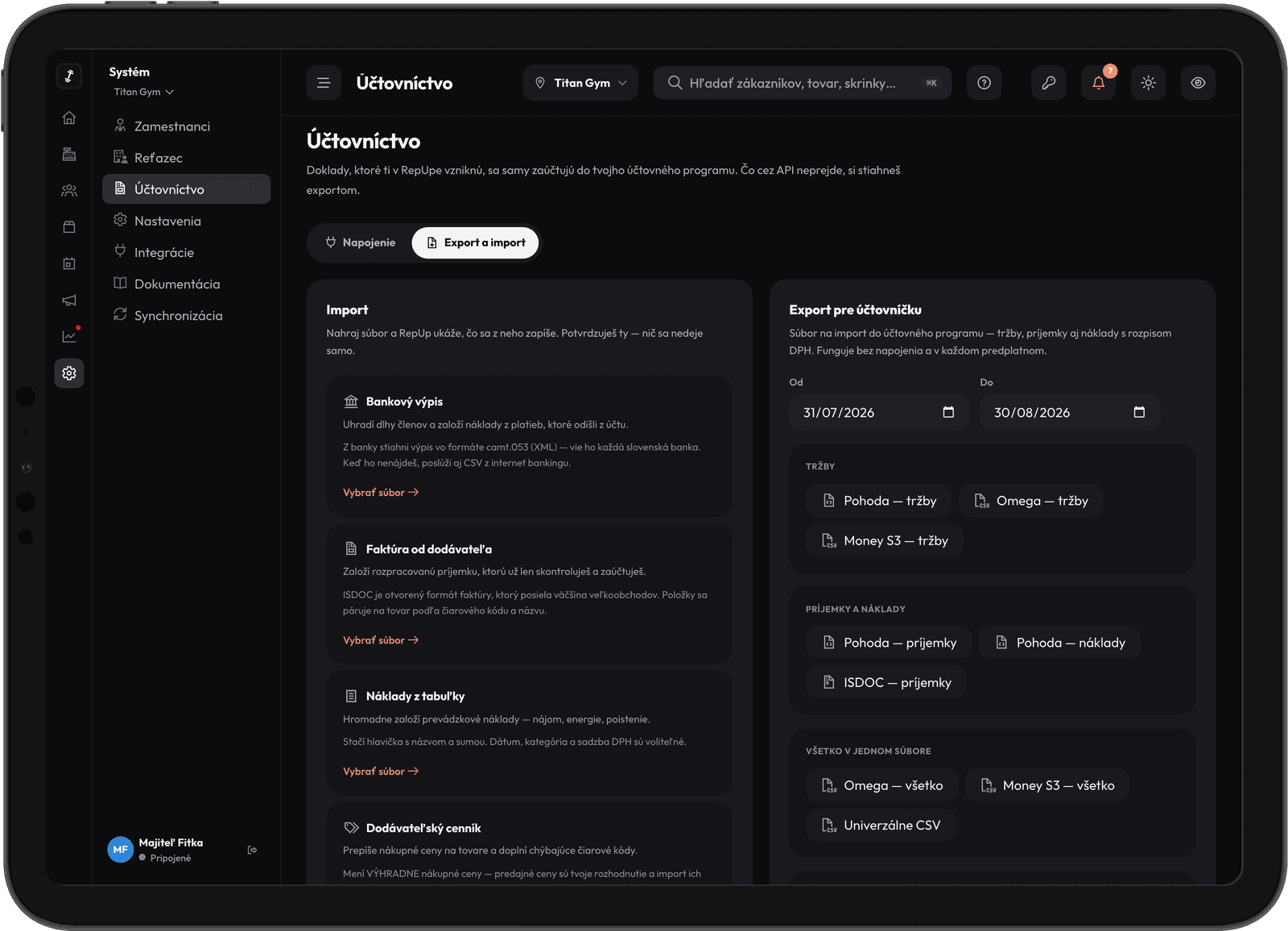 Účetnictví v panelu RepUp — exporty do Pohody, Money S3 a ISDOC vedle importu bankovního výpisu