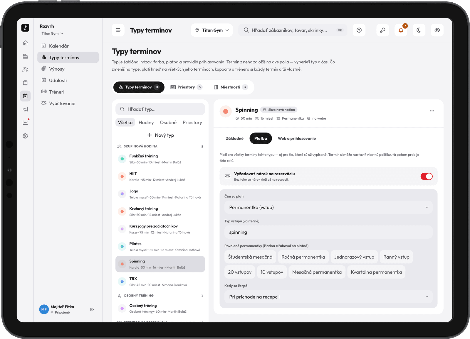 Typy termínů v panelu RepUp — cena, kapacita a pravidla jedné lekce