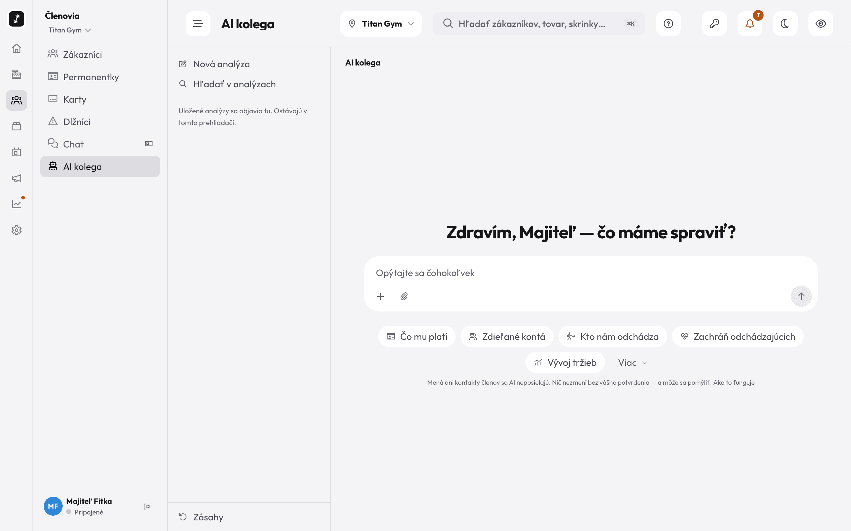 AI kolega v panelu RepUp — úvodní obrazovka s návrhy úkolů a polem na otázku