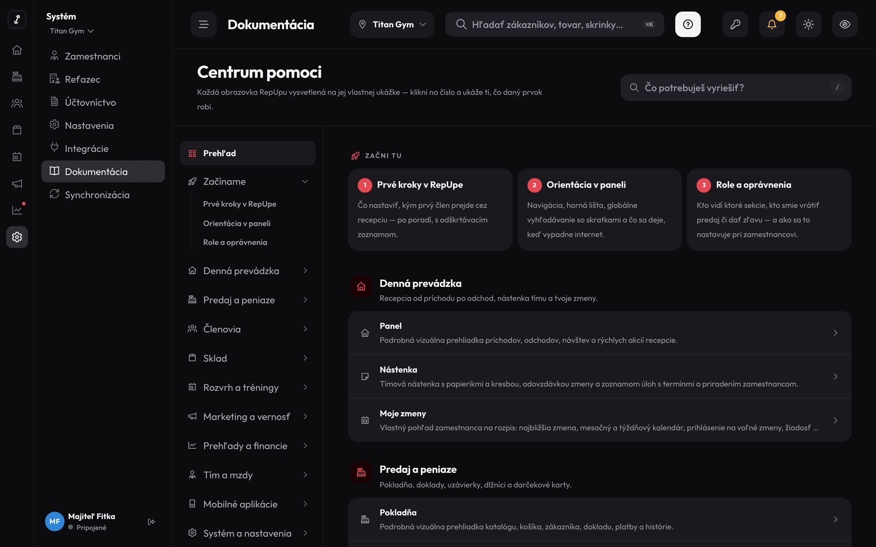 Centrum pomoci v panelu RepUp — obsah příručky s hledáním