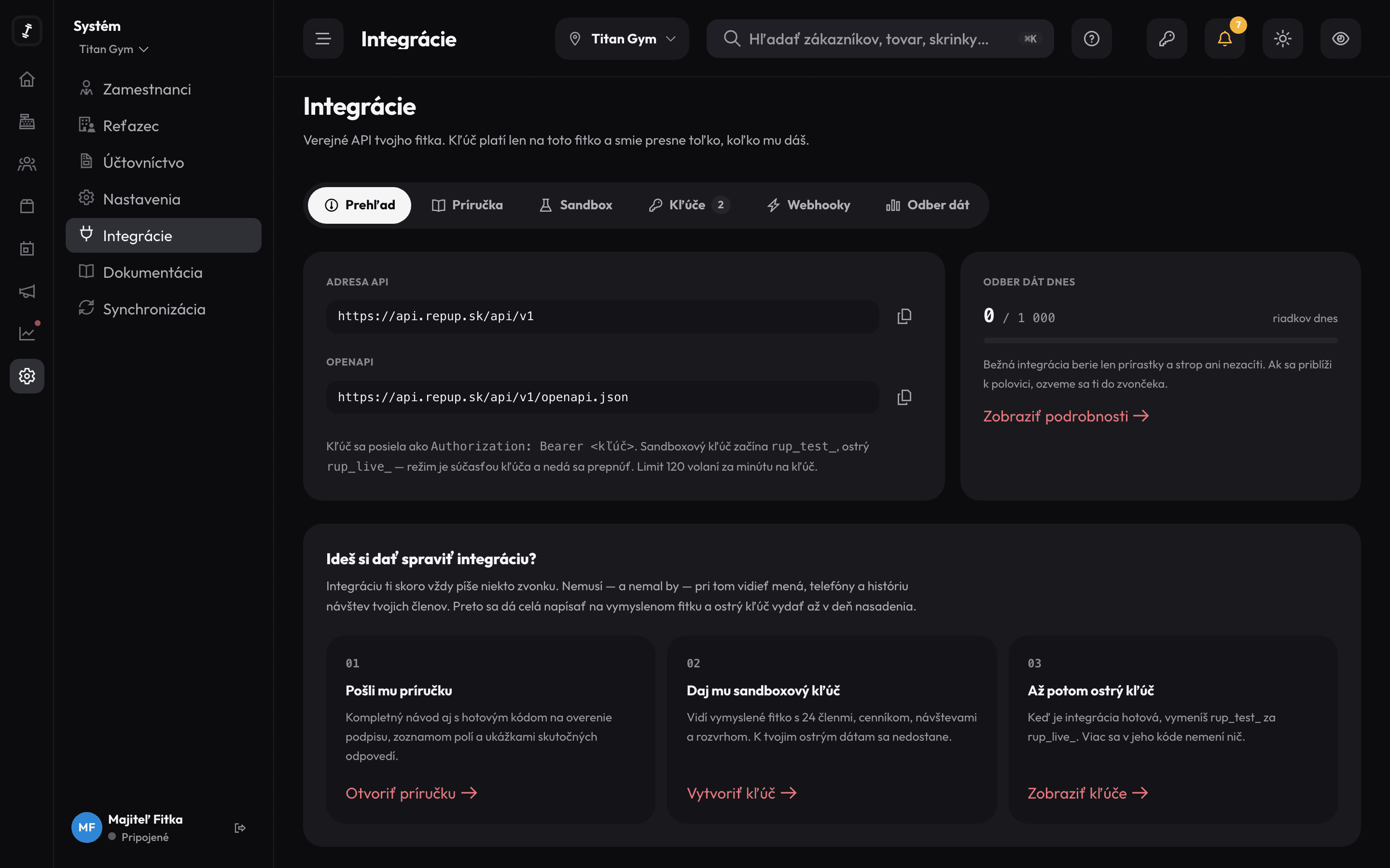 Integrace v panelu RepUp — adresa API, přístupové klíče a denní odběr dat